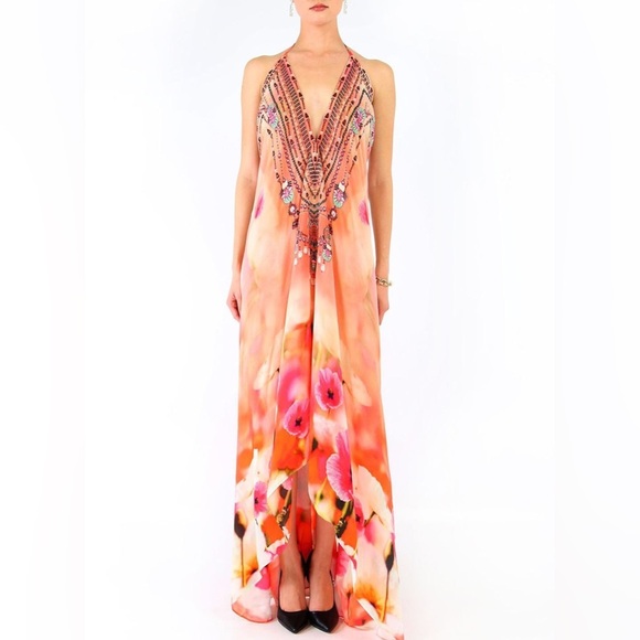 Shahid Parides FLORAL PRINT LONG SILK DRESS OSFM NWT - Picture 1 of 8